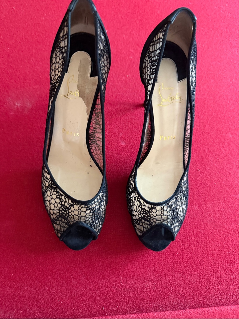Christian Louboutin Black Lace Peep-Toe Heels